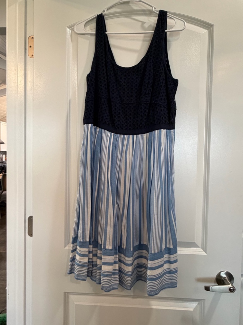 LOFT Navy Eyelet Bodice Blue & White Striped Midi Dress Size 12